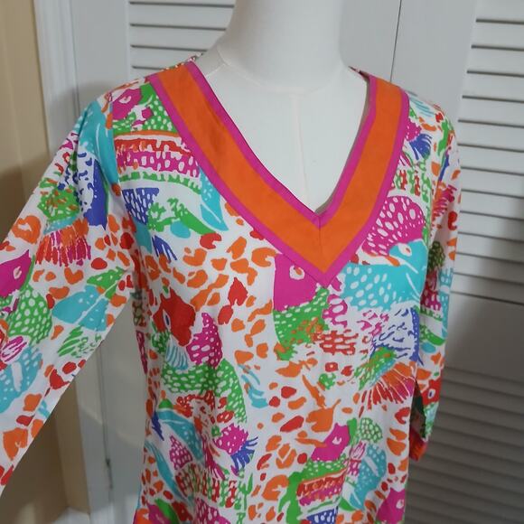 Gretchen Scott XS Bright Colors Tropical Fish 100% Cotton 3/4-Sleeve Tunic - Picture 4 of 16